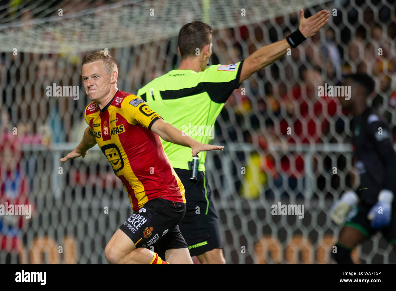 Mechelen Belgium August 17 Nikola Storm Of Kv Mechelen Celebrates After Scoring A Goal With Referee Wesli De Cremer Behind Him During The Jupiler Pro League Match Day 4 Between Kv
