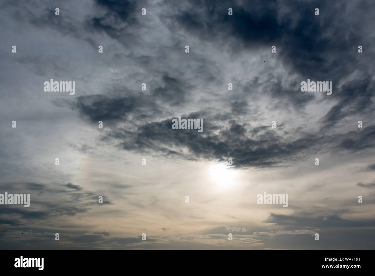 Blue sky with gray clouds in evening. Stock Photo