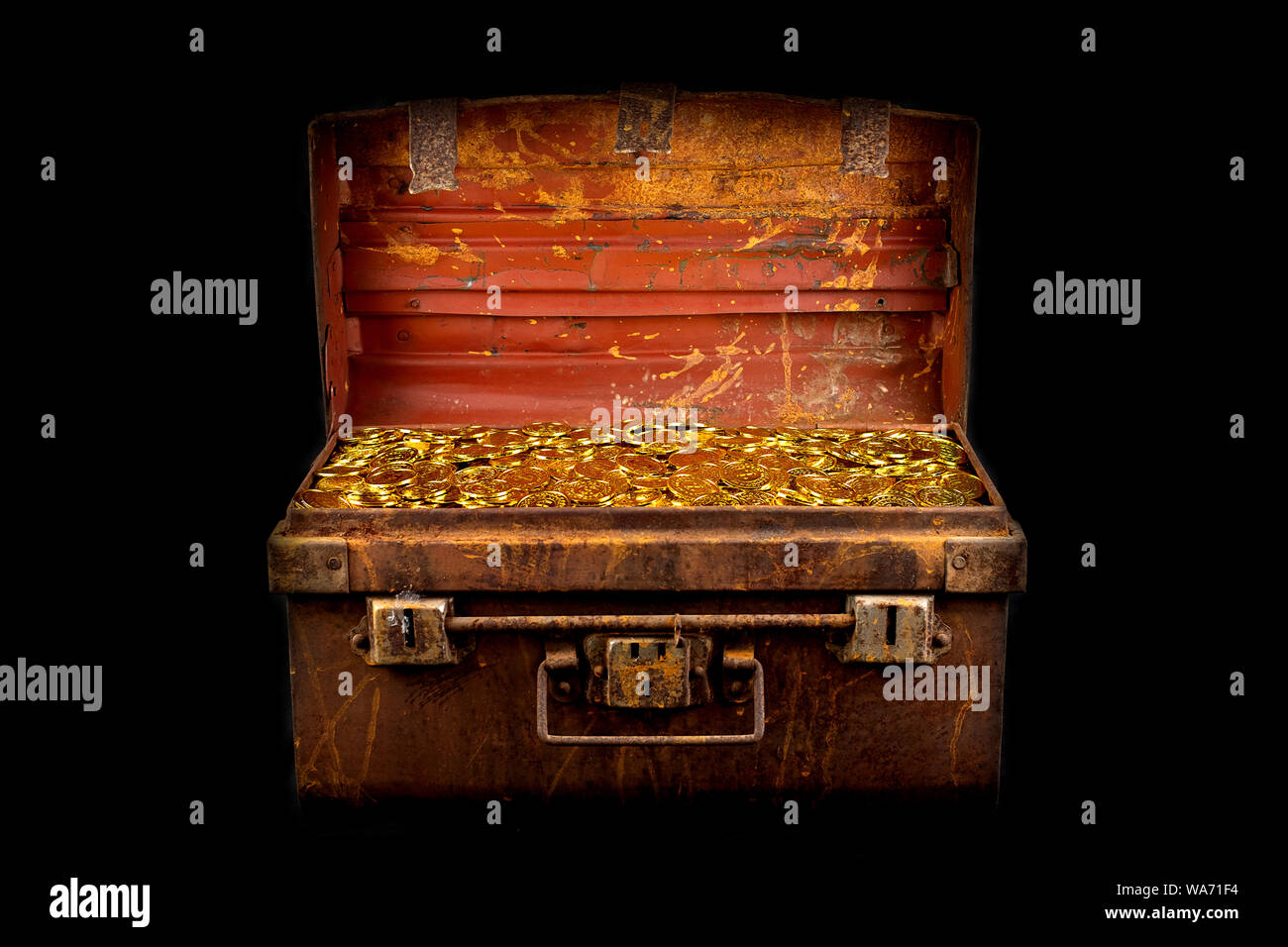 Stacking Gold Coin in treasure chest on black background Stock Photo