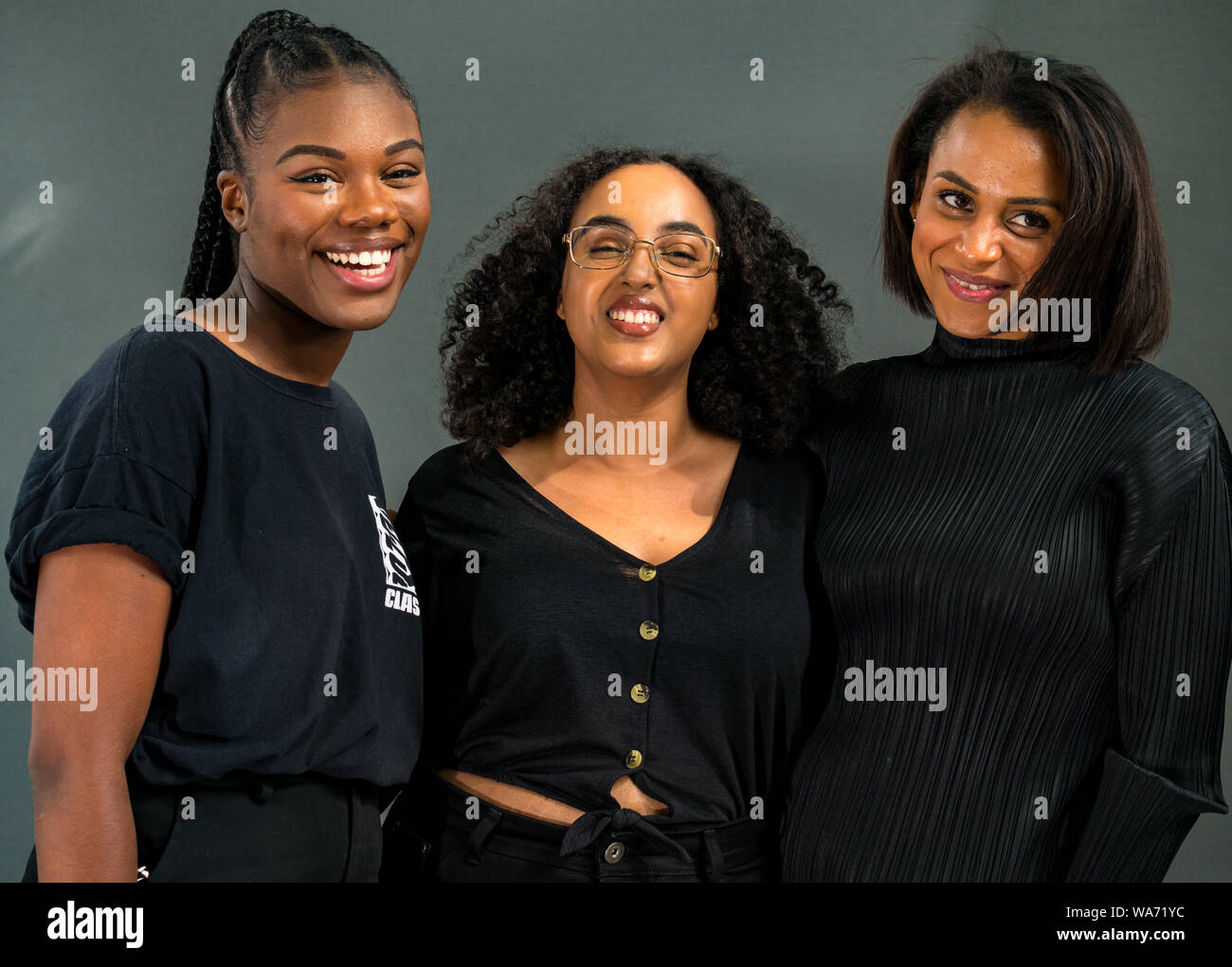 Edinburgh, Scotland, UK, 18 August 2019. Edinburgh International Book Festival. Pictured: L to R Tania Nwachukwu (British-born Nigerian), Hibaq Osman (London-born Somali writer) & Rachel Long in a showcase of the Octavia Poetry Collection, for women of colour founded by Rachel Long in response to their lack of representation in literature Stock Photo