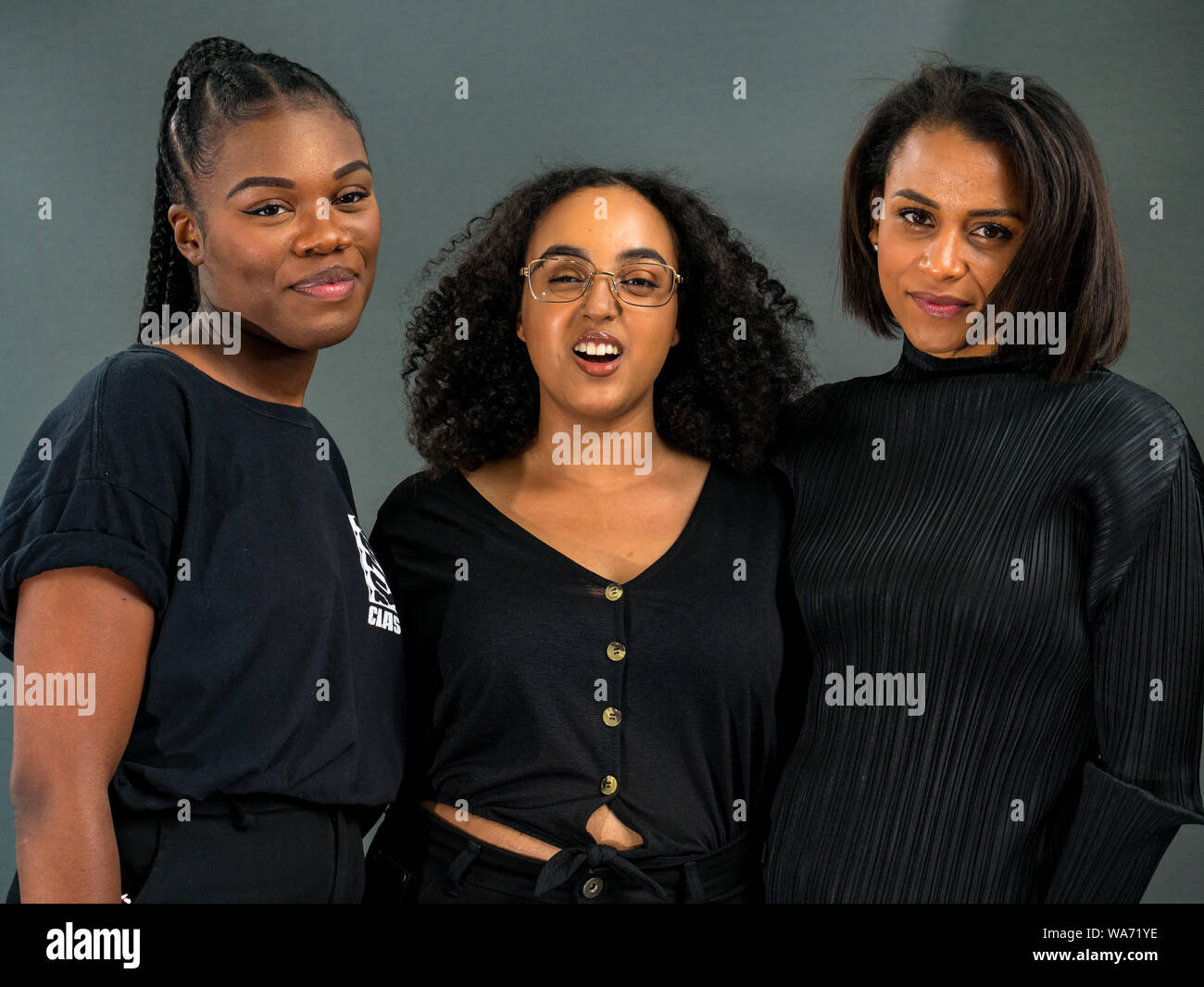 Edinburgh, Scotland, UK, 18 August 2019. Edinburgh International Book Festival. Pictured: L to R Tania Nwachukwu (British-born Nigerian), Hibaq Osman (London-born Somali writer) & Rachel Long in a showcase of the Octavia Poetry Collection, for women of colour founded by Rachel Long in response to their lack of representation in literature Stock Photo