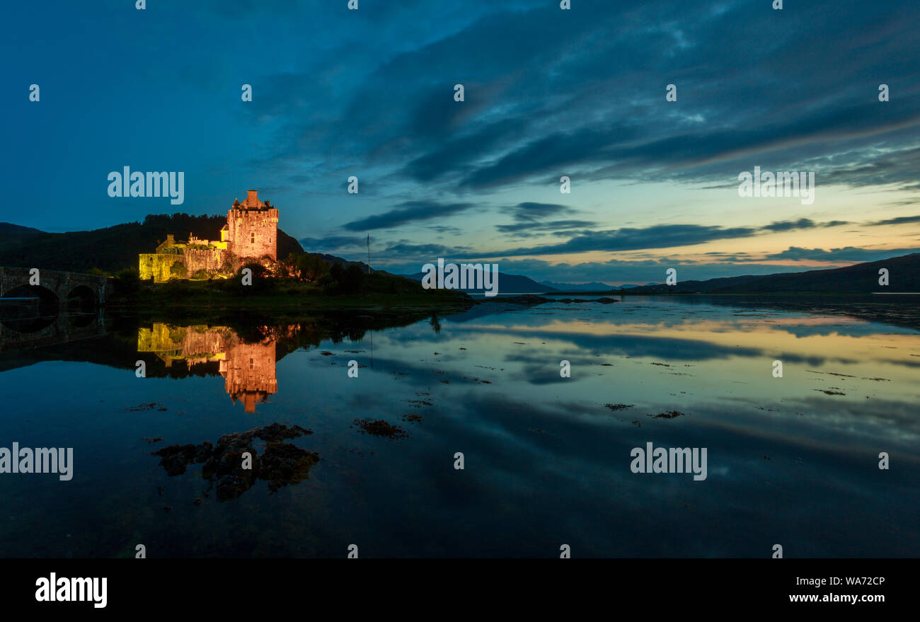 Eilean Donan Castle, Scotland, at sunset Stock Photo