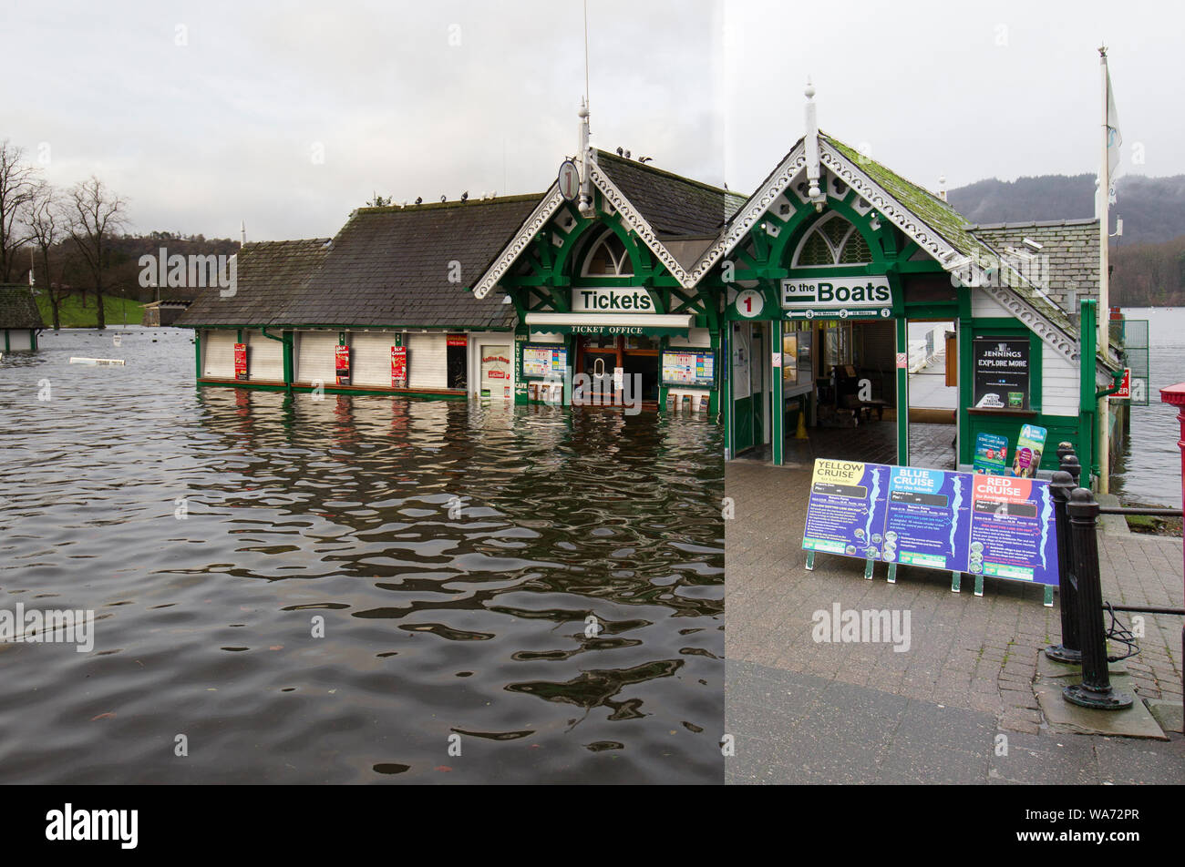 Storm Desmond .A series of photos taken 18th December matched with photos taken on the 6th December 2015 As can be seen business was back up and running for Windermere Lake Cruises.The company has a special flood plan that was put into force to limit the losses & damage to the business.allowing it to get back working as fast as possible. Stock Photo