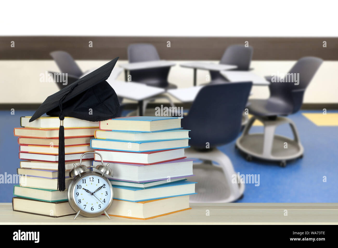 Circle table and chair in empty classroom for education concept Stock