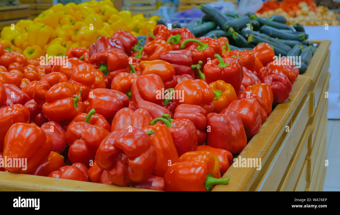Red bell peppers at supermarket Stock Photo Alamy