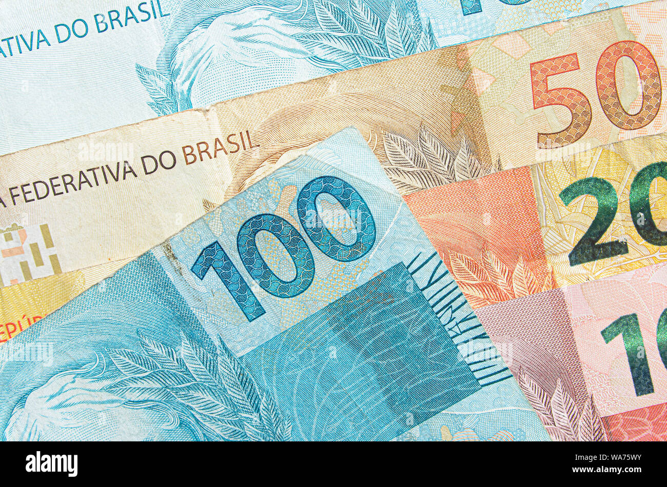 Brazilian real banknotes background. 10, 20, 50, 100 reais brl. Brazilian  money, real notes. Macro photo Stock Photo - Alamy