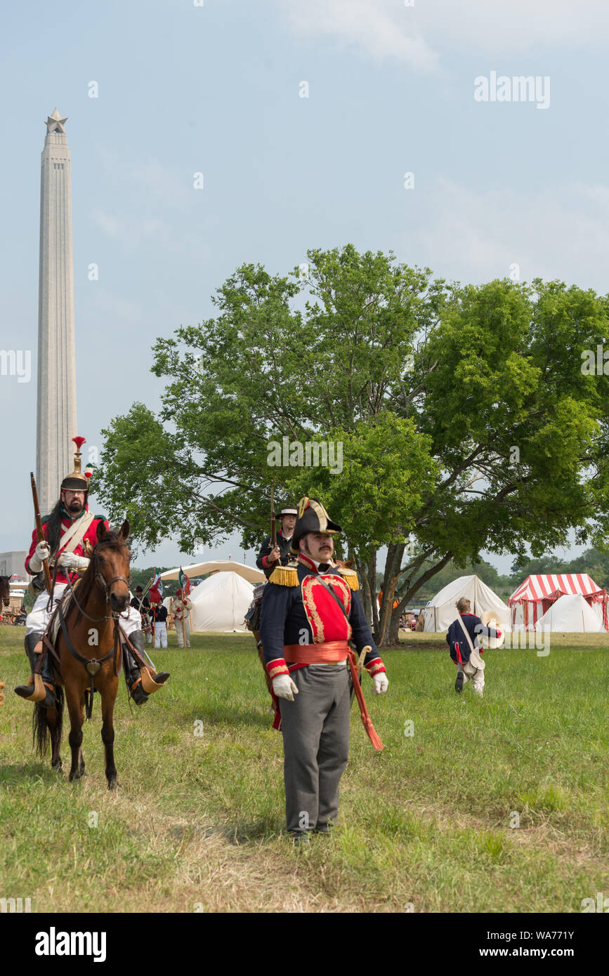 A Mexican officer and cavalryman observe the early action at the annual Battle of San Jacinto Festival and Battle Reenactment, a living-history retelling and demonstration of the historic Battle of San Jacinto in La Porte, Texas Stock Photo