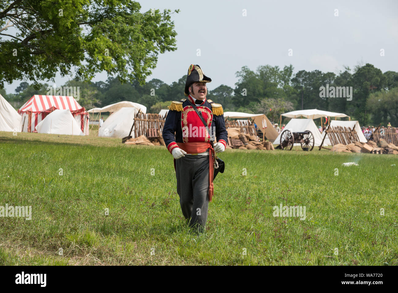 A Mexican officer calls out at the annual Battle of San Jacinto Festival and Battle Reenactment, a living-history retelling and demonstration of the historic Battle of San Jacinto in La Porte, Texas Stock Photo