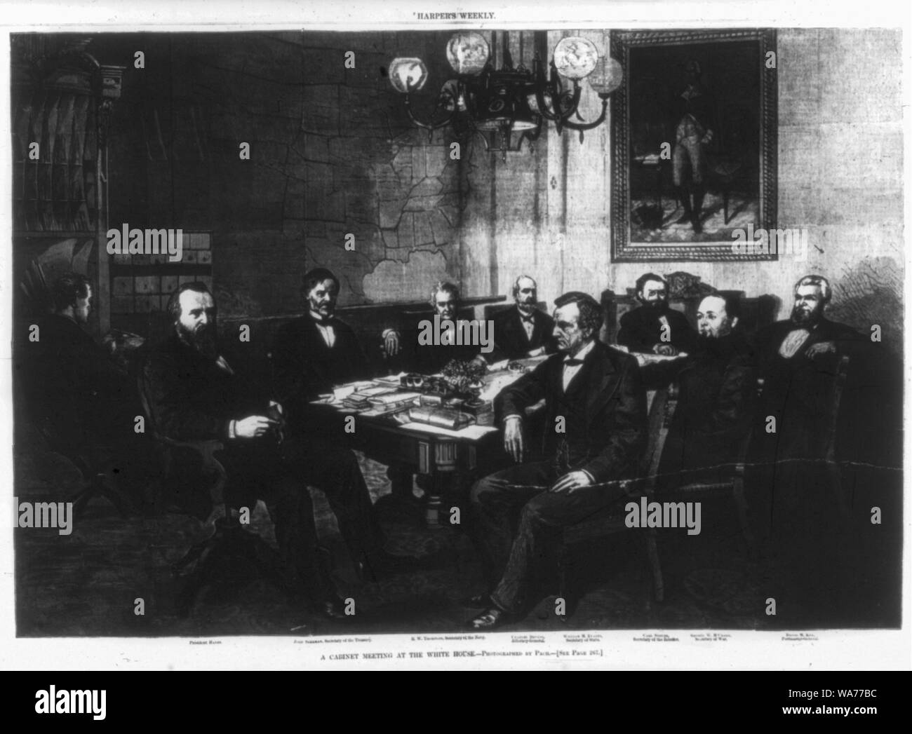 A cabinet meeting at the White House- Pres. Hayes, John Sherman [Secy. of the Treasury], R.W. Thompson [Secy. of the Navy], Charles Devens [Atty. Gen.], William Evarts [Secy. of State], Carl Schurz [Secy. of Interior], George McCrary [Secy. of War] and David Key [Postmaster Gen.] Stock Photo