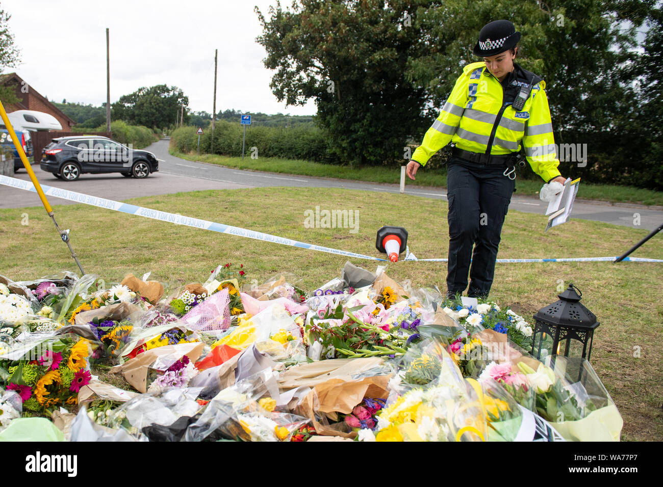 Tributes left near the scene where Thames Valley Police officer Pc Andrew Harper, 28, died following a 'serious incident' at about 11.30pm on Thursday near the A4 Bath Road, between Reading and Newbury, at the village of Sulhamstead in Berkshire. Stock Photo