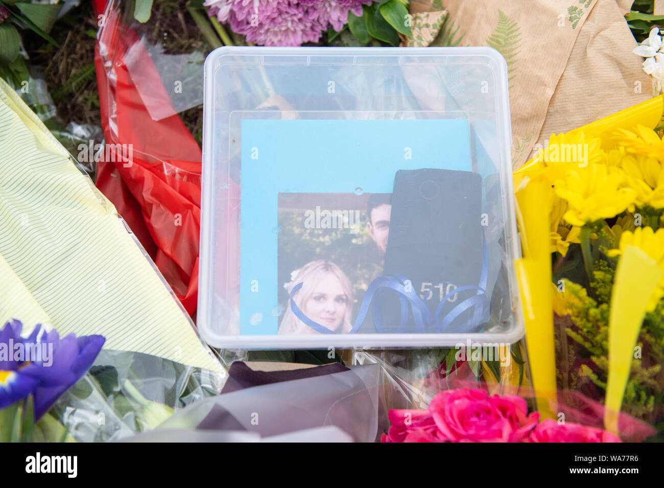 Tributes left near the scene where Thames Valley Police officer Pc Andrew Harper, 28, died following a 'serious incident' at about 11.30pm on Thursday near the A4 Bath Road, between Reading and Newbury, at the village of Sulhamstead in Berkshire. Stock Photo