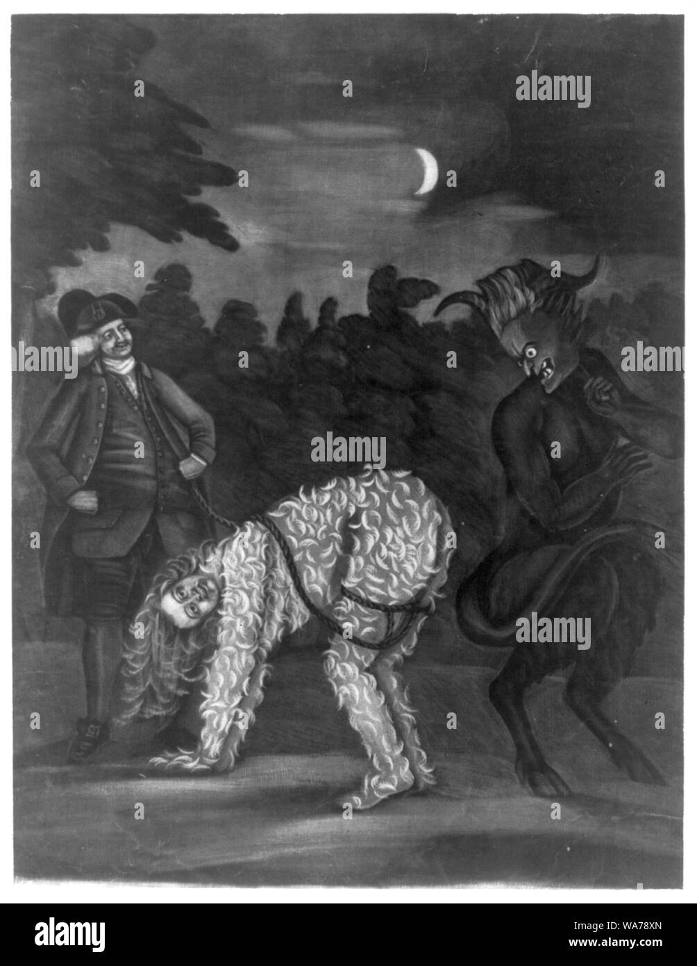 A  tarred and feathered man standing on hands and feet with a rope attached to upper thighs and held by a man standing at left; the man on all fours looks back at a wild-eyed devil standing behind him Stock Photo