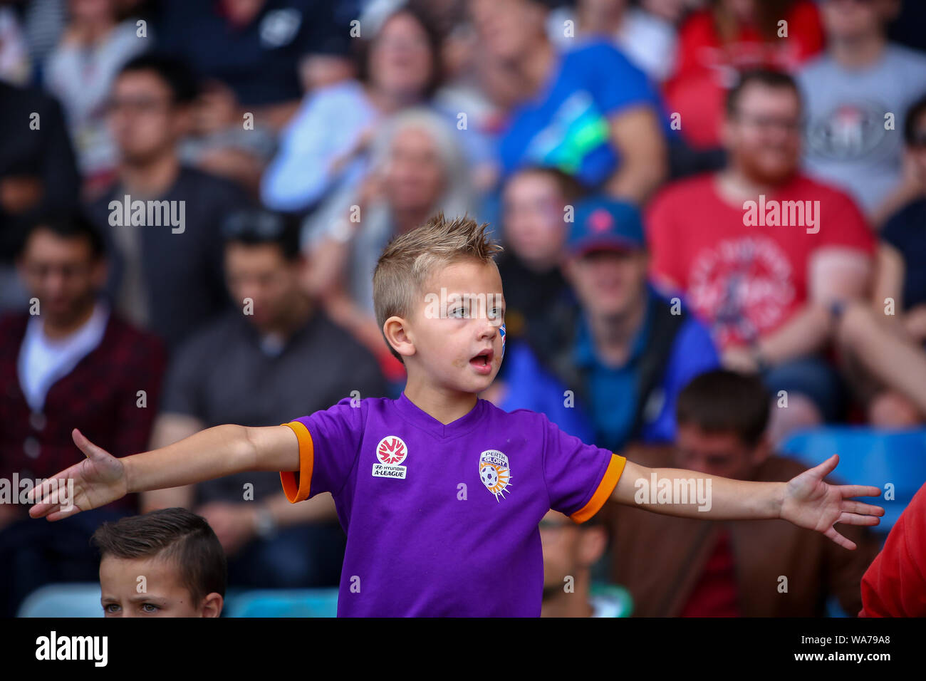 Birmingham, UK. 18 August 2019. A young athletics fan enjoying the Muller Grand Prix Birmingham -  IAAF Diamond League - at the Alexander Stadium, Birmingham, England on 18 August 2019. Credit: UK Sports Pics Ltd/Alamy Live News Stock Photo