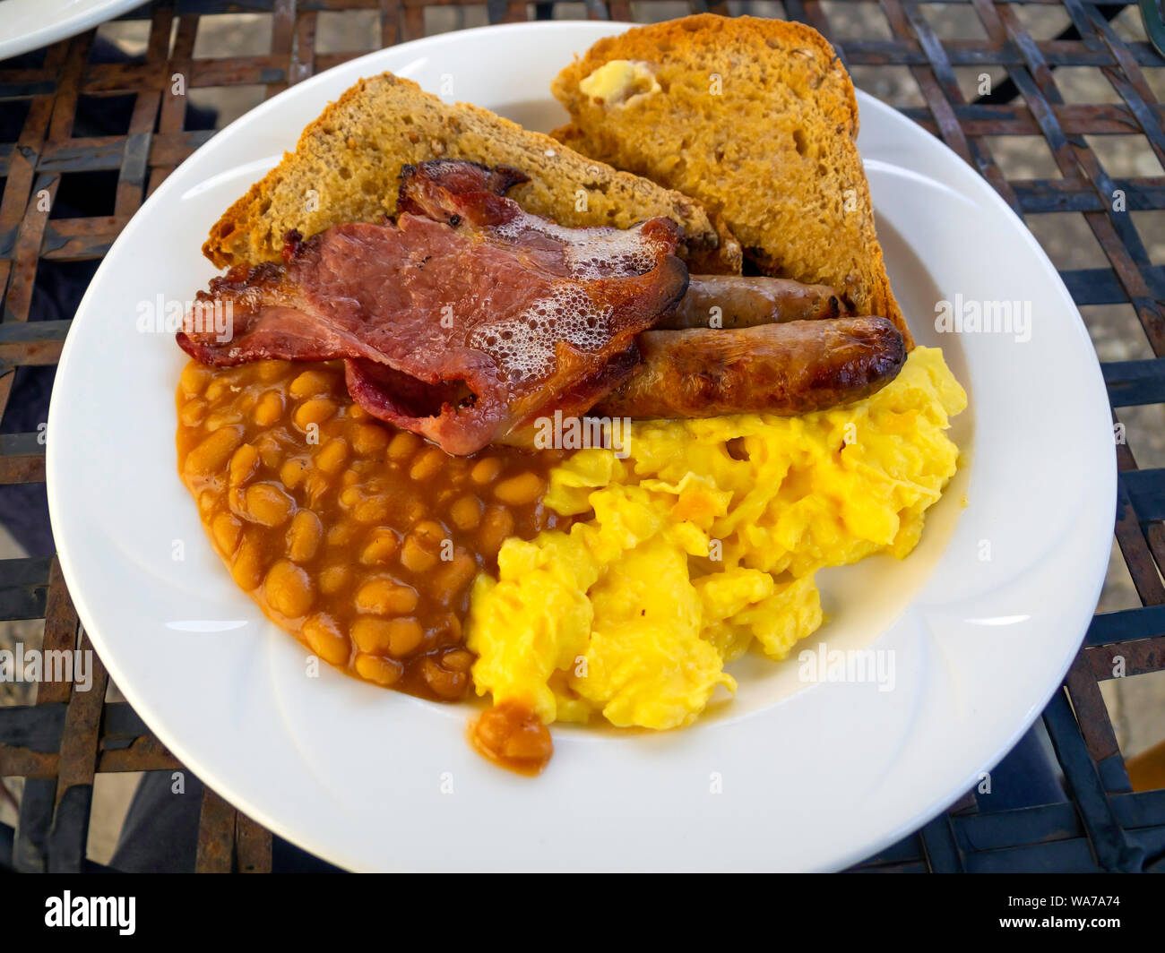 English farmhouse eaten outdoors Breakfast bacon scrambled egg sausages ...