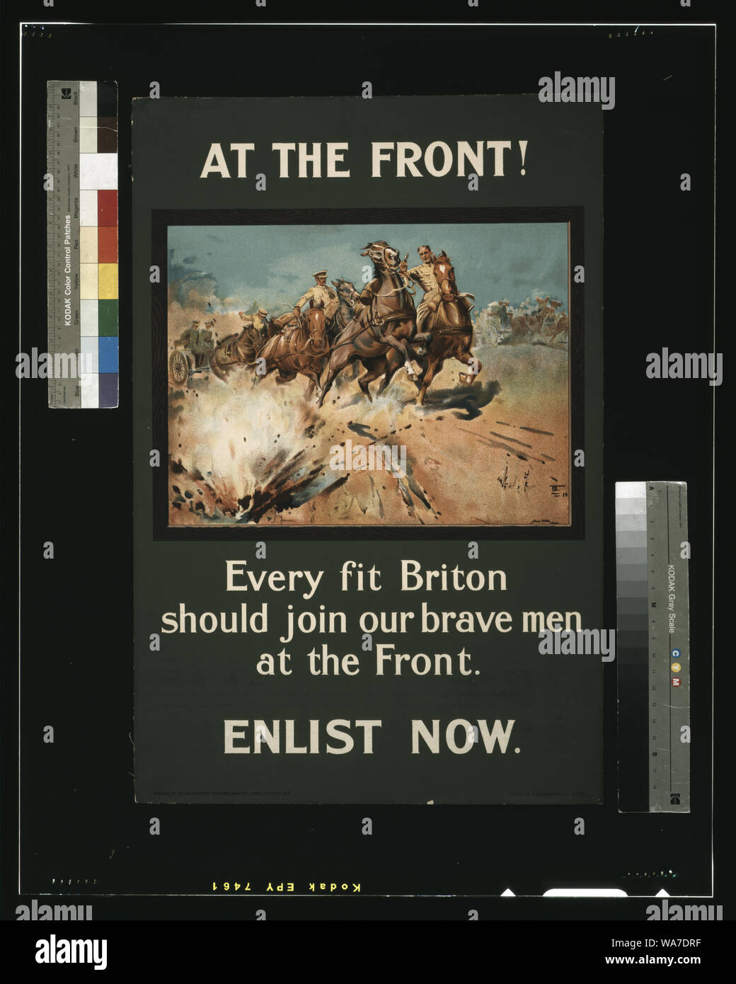 At the front! Every fit Briton should join our brave men at the front. Enlist now Abstract: Poster showing cavalry in battle, with horses reacting to an explosion in the foreground. Stock Photo