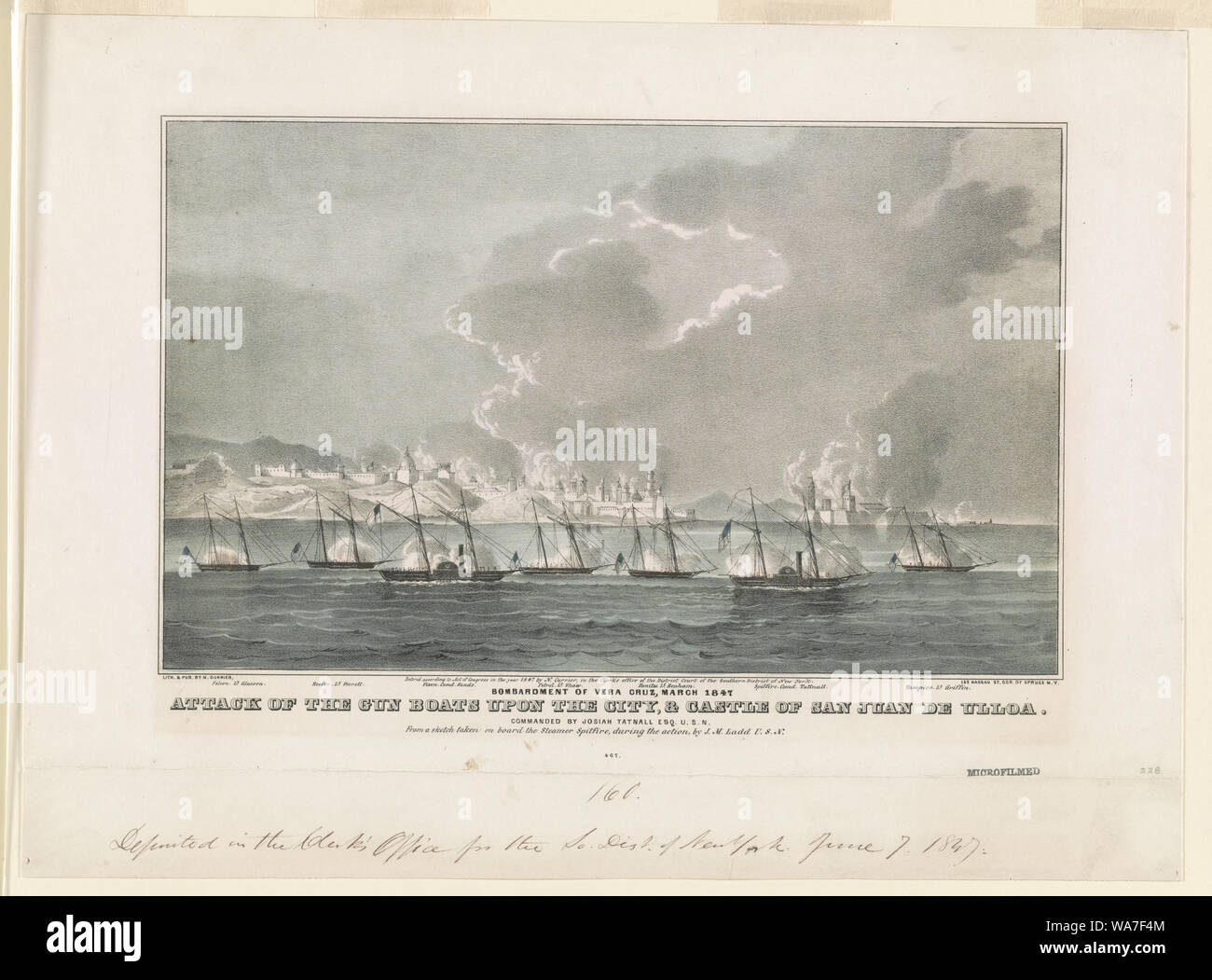 Attack of the gun boats upon the city, & Castle of San Juan de Ulloa. Bombardment of Vera Cruz, March 1847 / lith. & pub. by N. Currier. Stock Photo