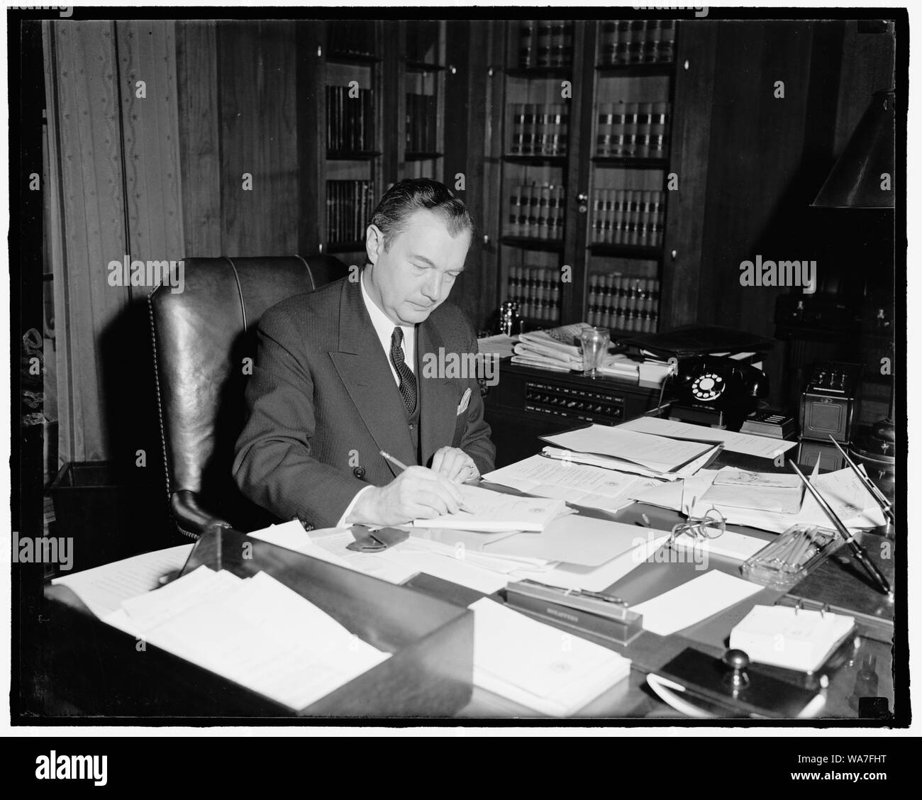 Atty. General Robert H. Jackson, at his desk as he celebrates his 48th birthday, Feb. 1940 Stock Photo
