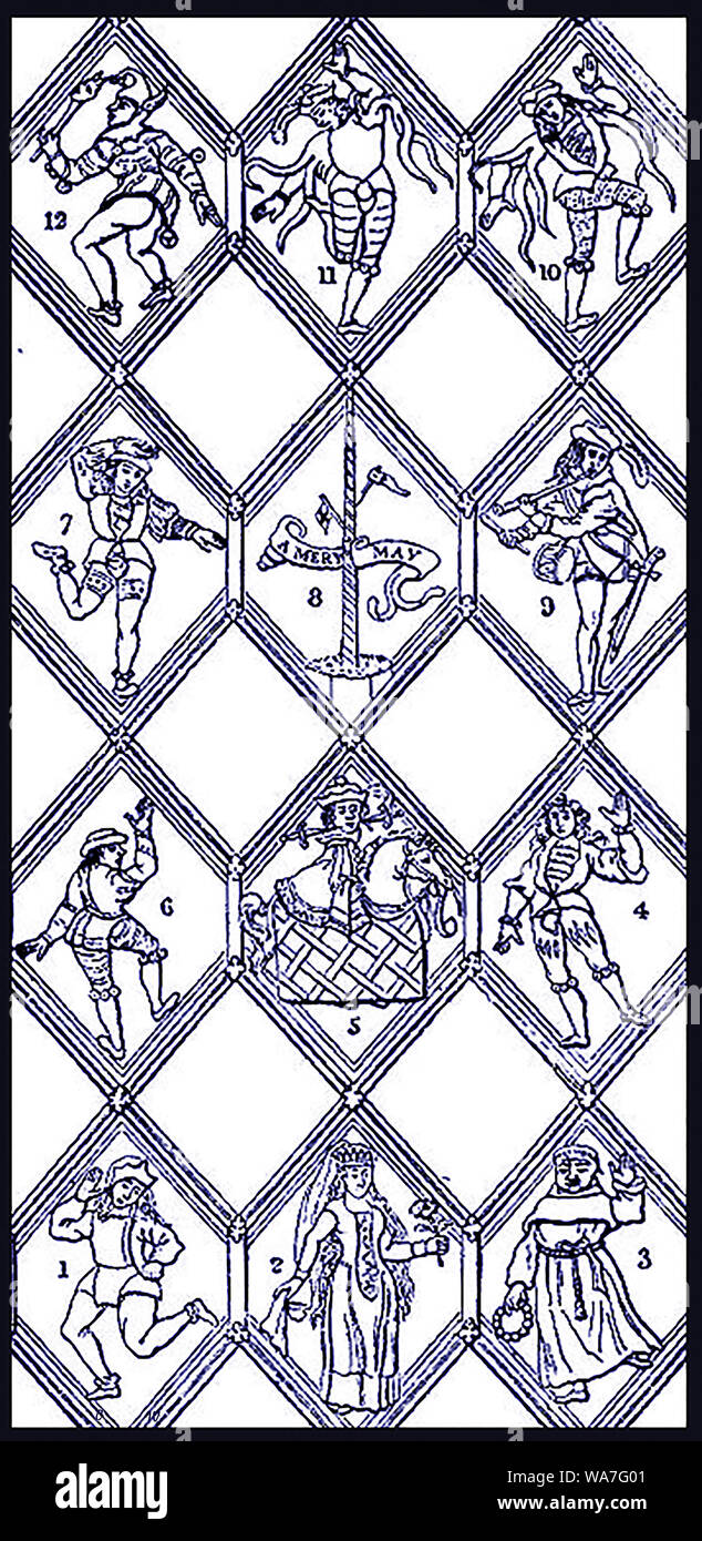 English Morris Dancing - Various costumes to be found in Britain during Medieval and later times surrounding a central maypole. This early illustration is believed to have been taken from a stained glass window. Stock Photo