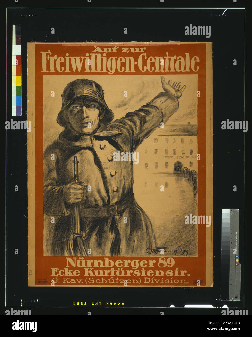 Auf zur Freiwilligen-Centrale, Nürnberger 89, Ecke Kurfürstenstr., G. Kav. (Schützen) Division / L. Impekoven, 1919. Stock Photo