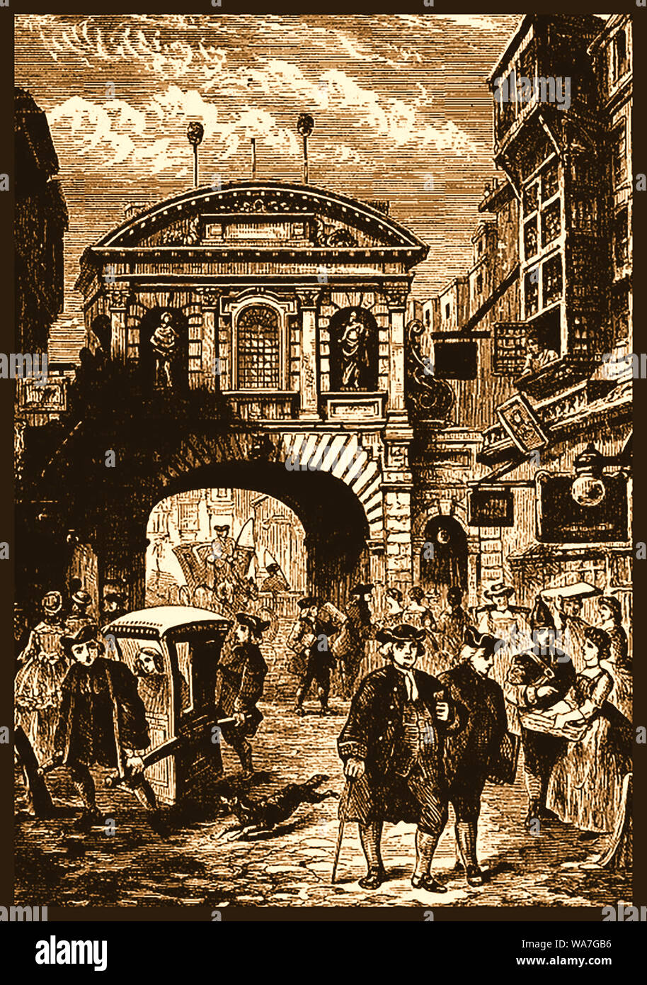 A typical scene at Temple Bar Gate , the principal ceremonial entrance to the City of London, England in  the 18th century. showing the dress of the time, a woman street seller, a soldier and a woman using a sedan chair. More interestingly it shows the grisly macabre sight of CRIMINALS SEVERED HEADS SPIKED ON POLES above the arch. Stock Photo