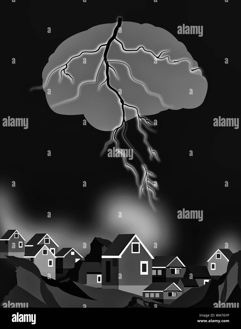 illustration of a brain in form of a lightning striking over the houses Stock Photo
