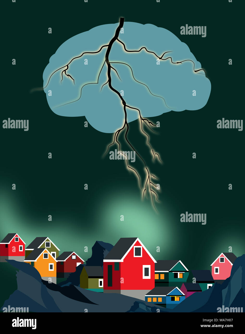 illustration of a brain in form of a lightning striking over the houses Stock Photo
