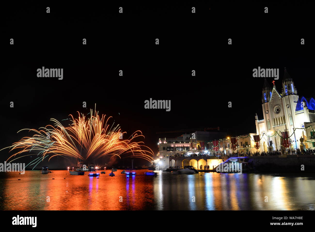 Fireworks display in Balluta Bay, Malta Stock Photo