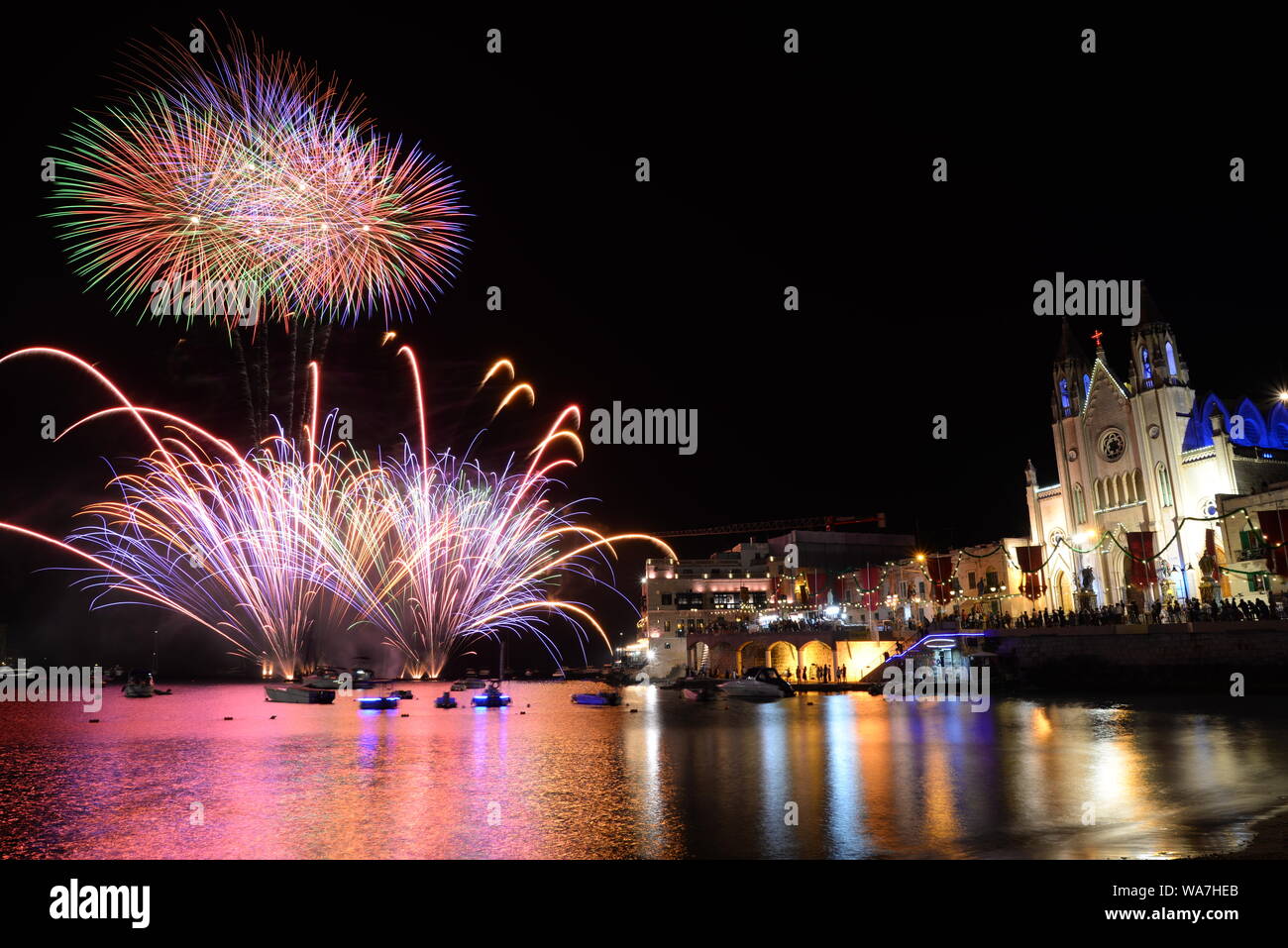 Fireworks display in Balluta Bay, Malta Stock Photo