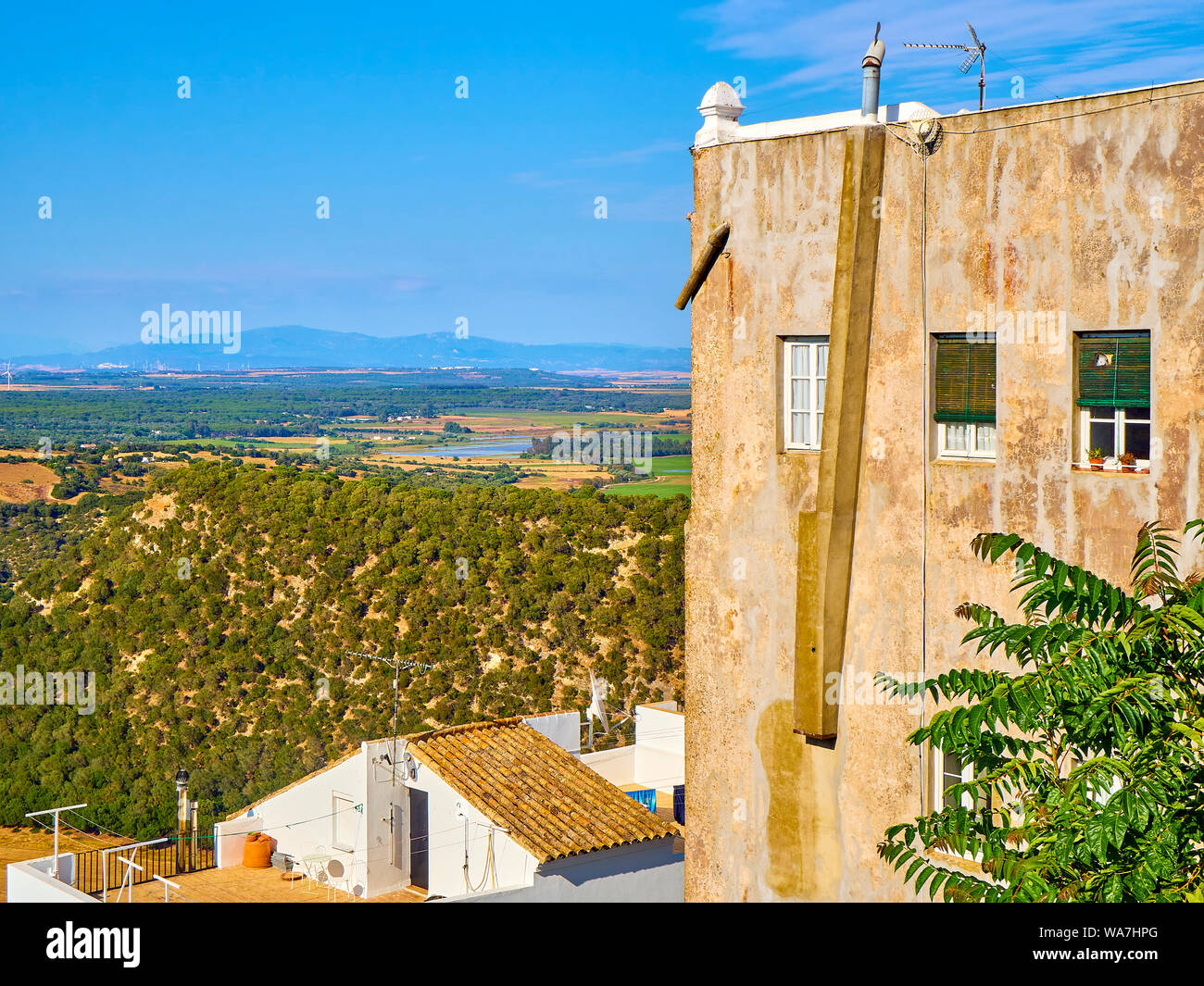 A view of the Region of La Janda with the Marshes of Barbate river. View from La Corredera walkway viewpoint. Vejer de la Frontera. Spain Stock Photo
