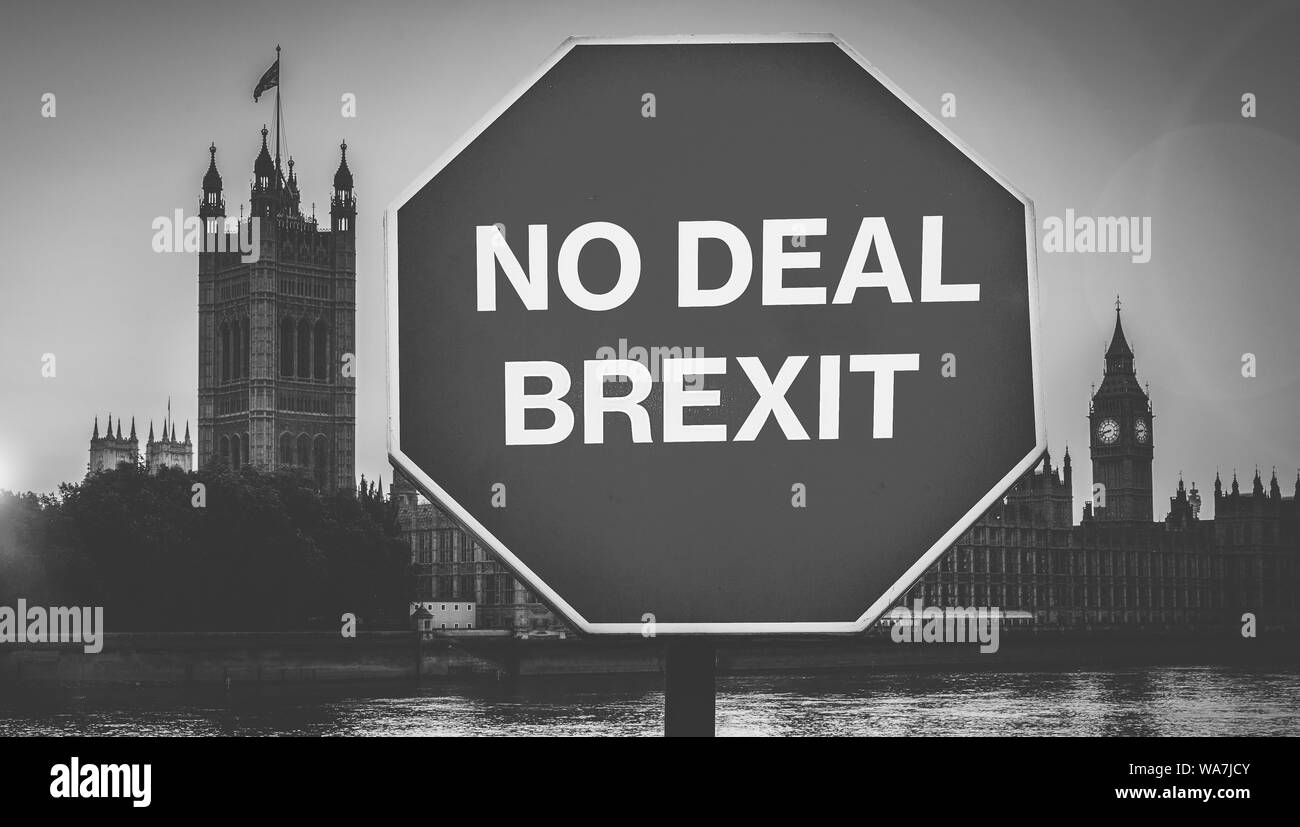 No Deal Brexit digital composite with Houses of Parliament, London in background. UK is set to leave the EU by default on October 31st, 2019 leading t Stock Photo