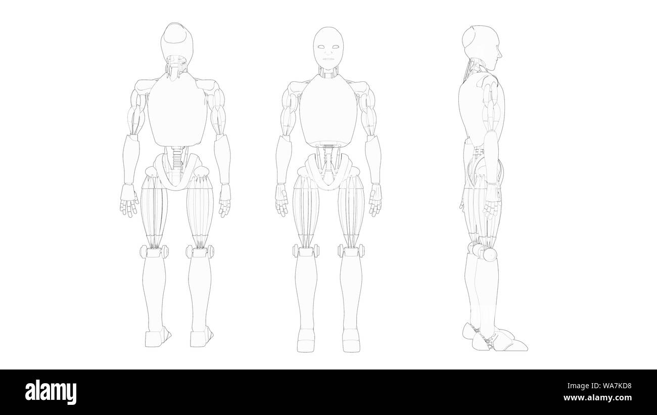 rendering of multiple views of human robot in white studio background Stock Photo -