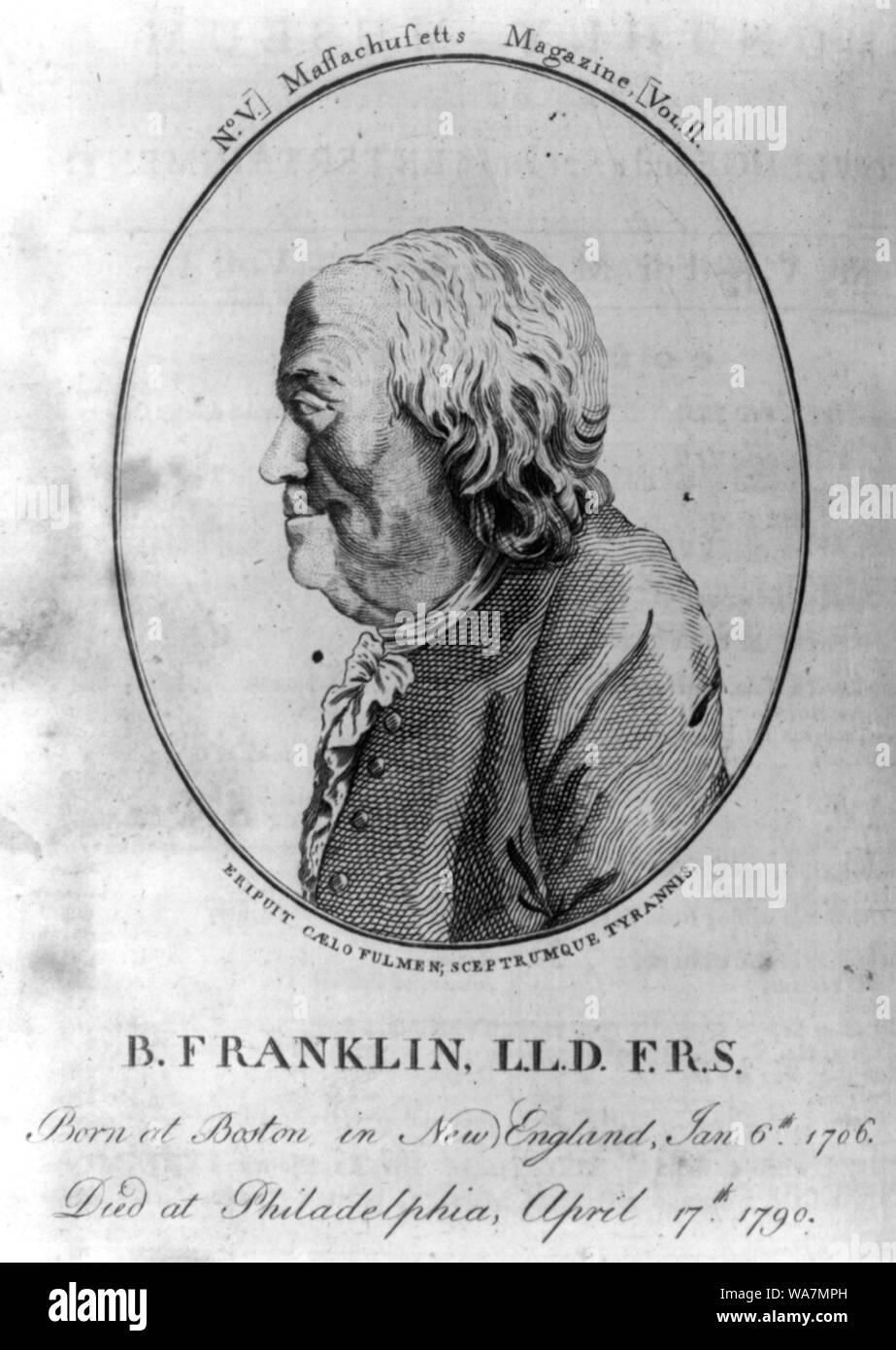 B. Franklin, L.L.D. F.R.S. - born at Boston in New England, Jan. 6th 1706 - died at Philadelphia, April 17th 1790 Stock Photo