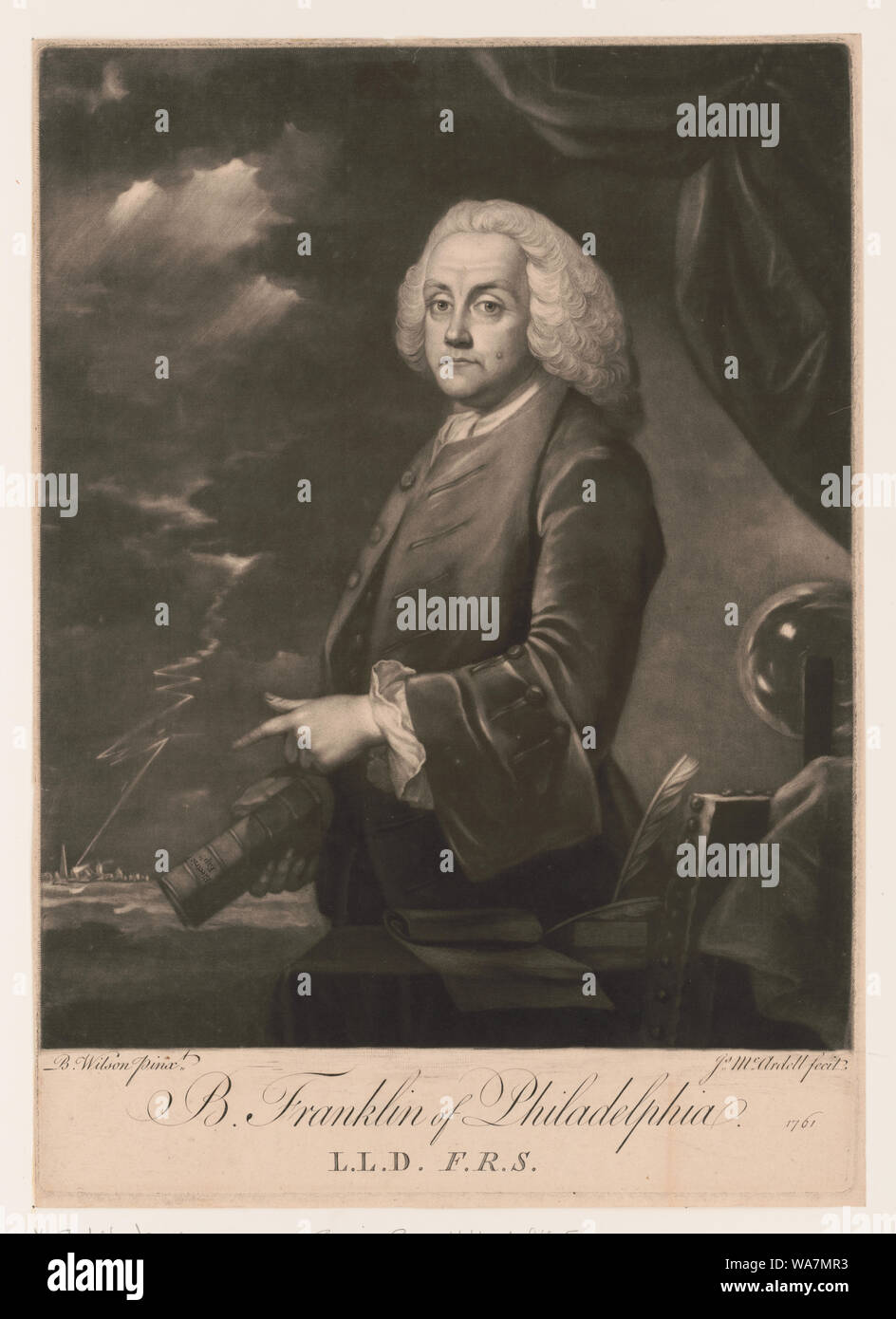 B. Franklin of Philadelphia - L.L.D. F.R.S. / B. Wilson pinxt. ; Js McArdell fecit. Stock Photo