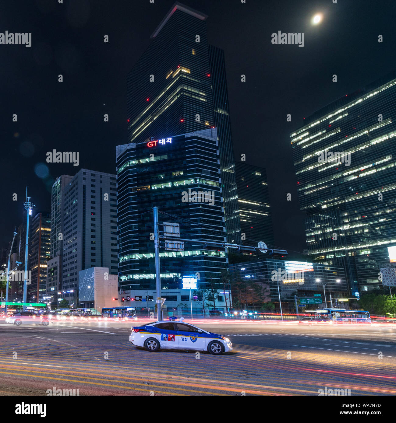 Night Panorama of Gangnam Square in the Gangnam District. Seoul, South Korea, Asia. Stock Photo
