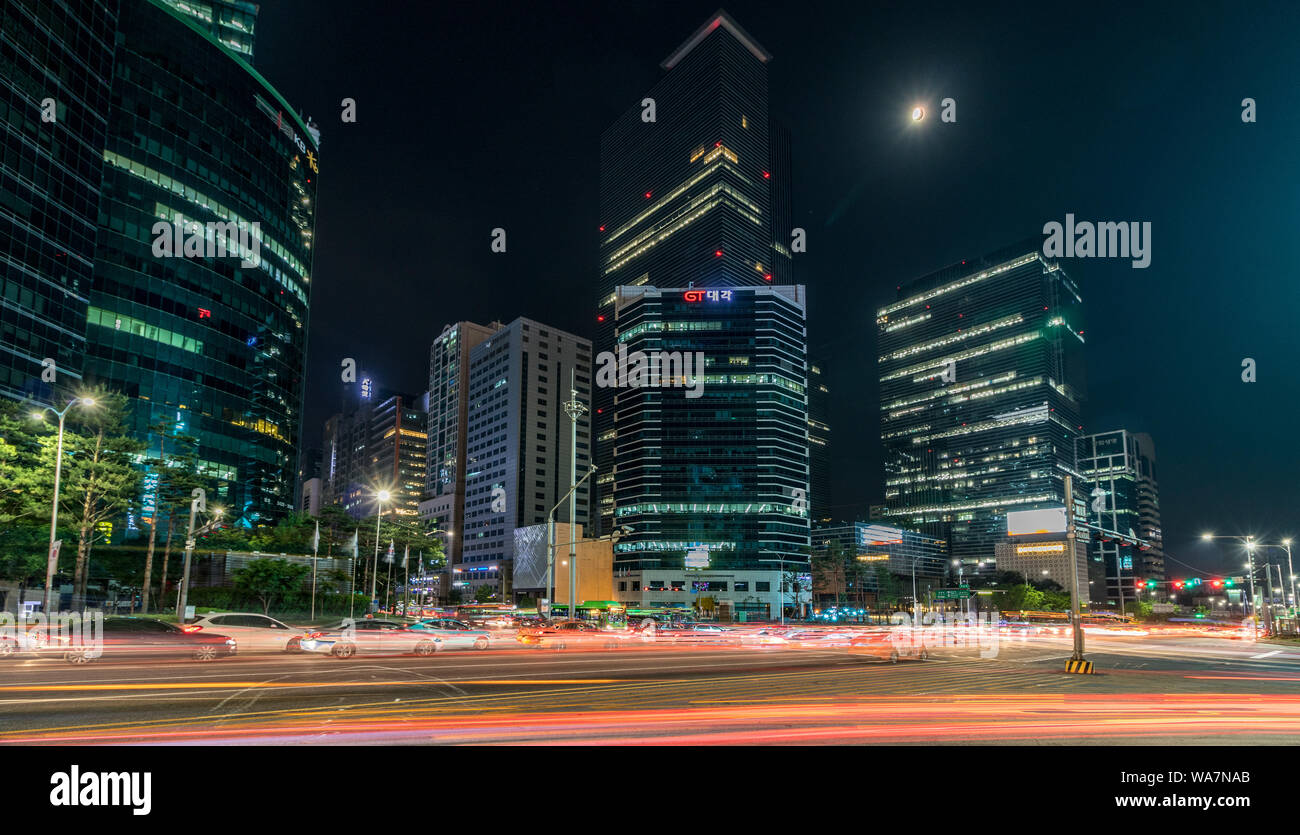 Night Panorama of Gangnam Square with Skyscraper and Traffic in the Gangnam District. Seoul, South Korea, Asia. Stock Photo