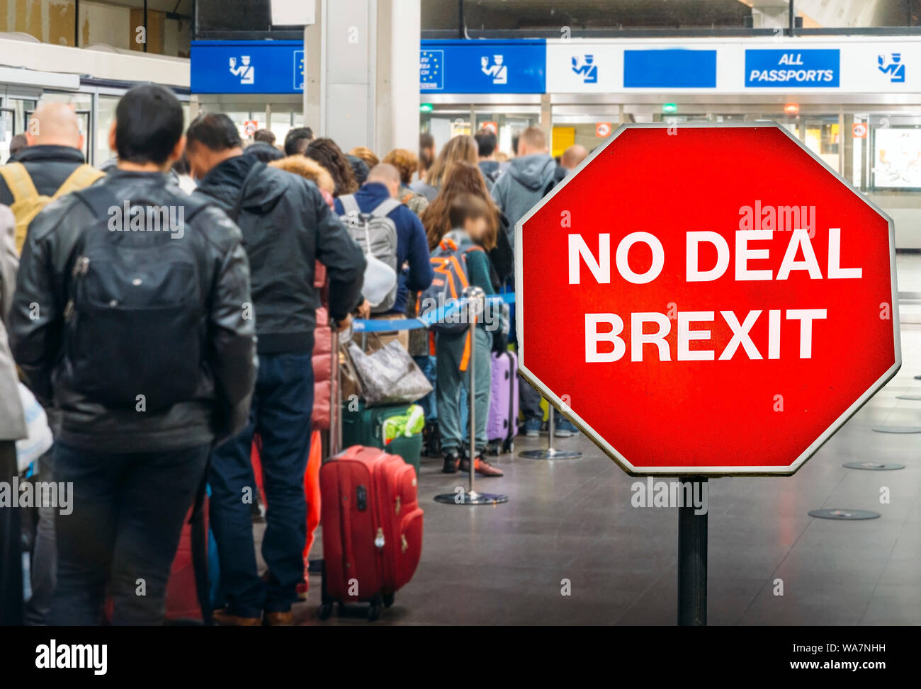 No Deal Brexit digital composite of people queuing at generic EU europe. UK is set to leave the EU by default on October 31st, 2019 Stock Photo