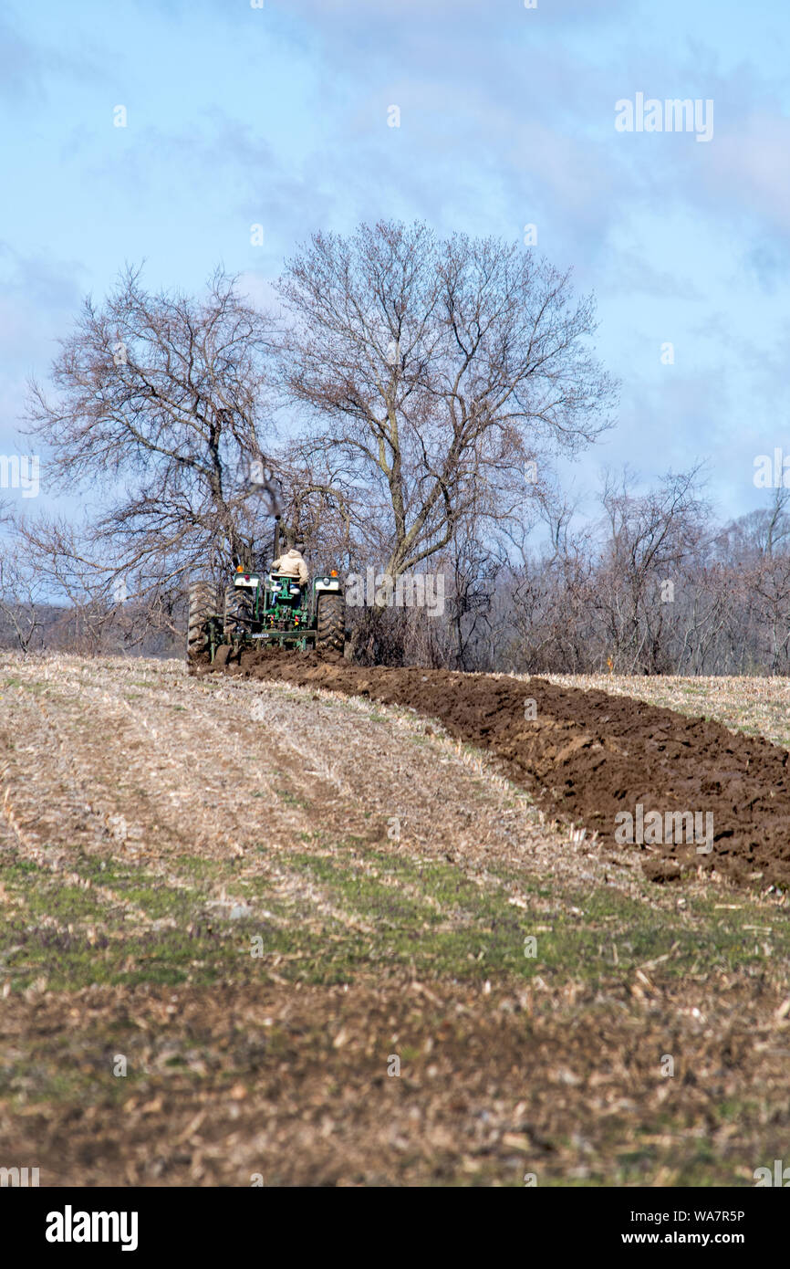 april 28 2018 Buchanan MI USA, plow days showase old tractors and their owners working in the field Stock Photo