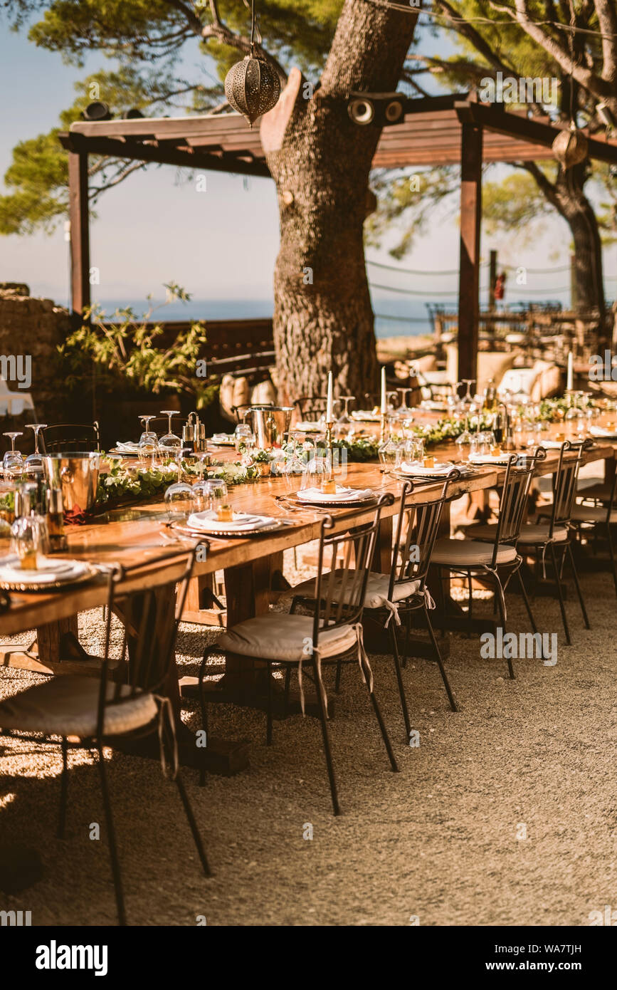 Elegant table set up for wedding reception Stock Photo
