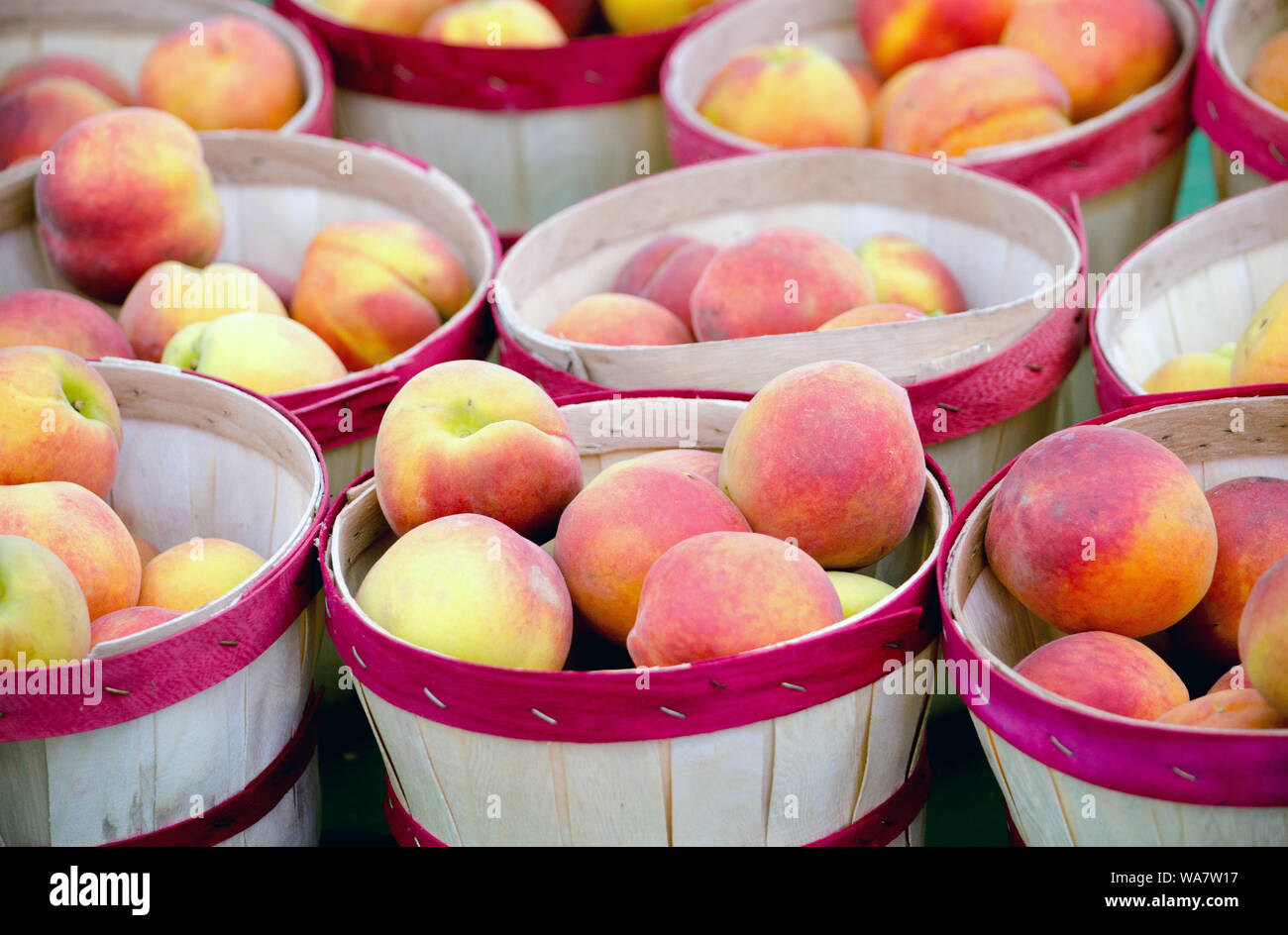 baskets of peaches are displayed for sale at a farmer's market Stock