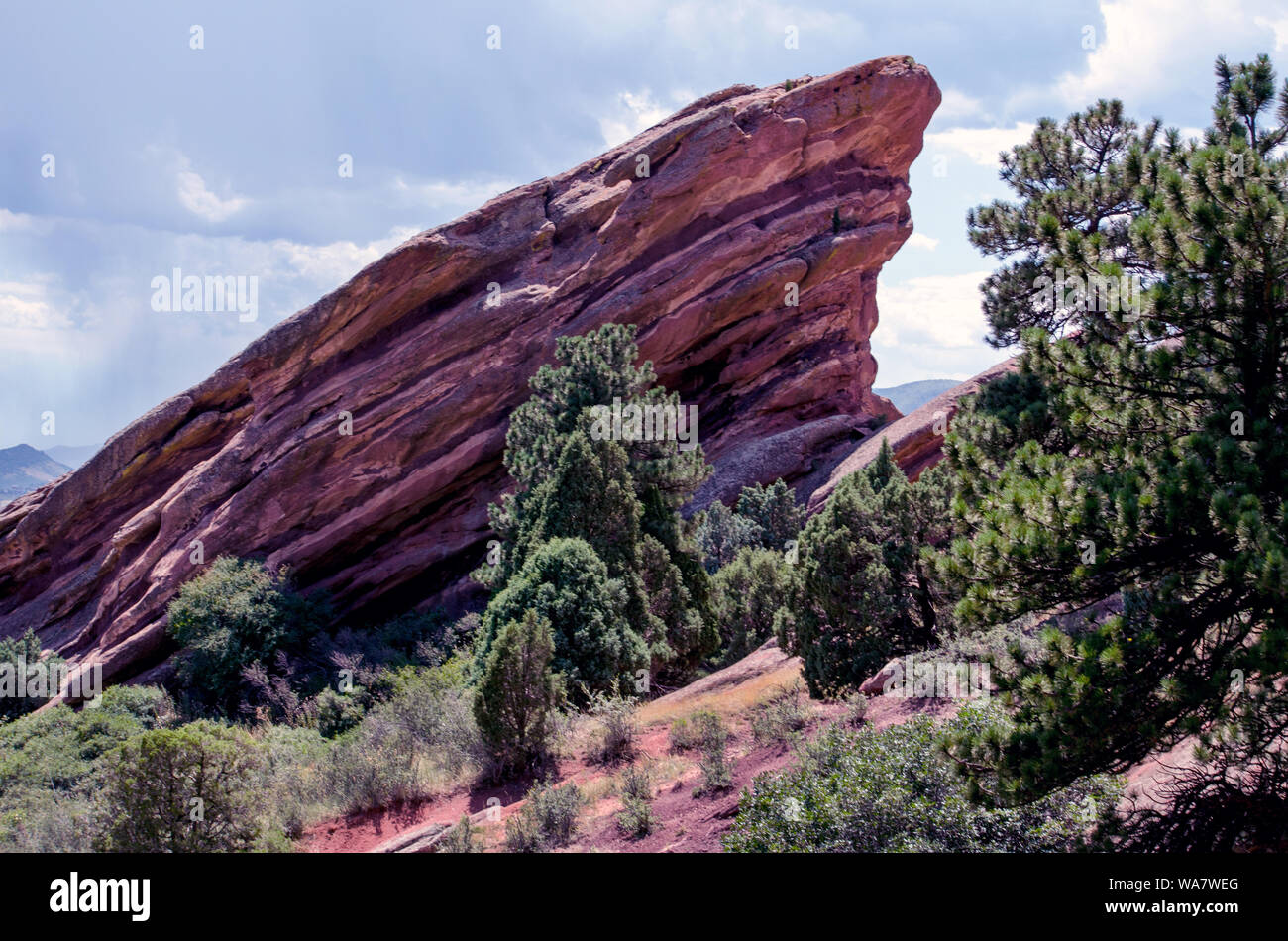This beautiful landscape near Denver Colorado, can be found at the red rocks park and amphitheater, a breathtaking scenic venue with large sandstone b Stock Photo