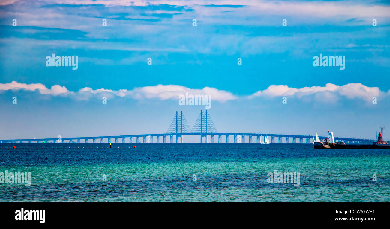 Oresund Bridge connects Denmark and Sweden. The bridge is a combined ...