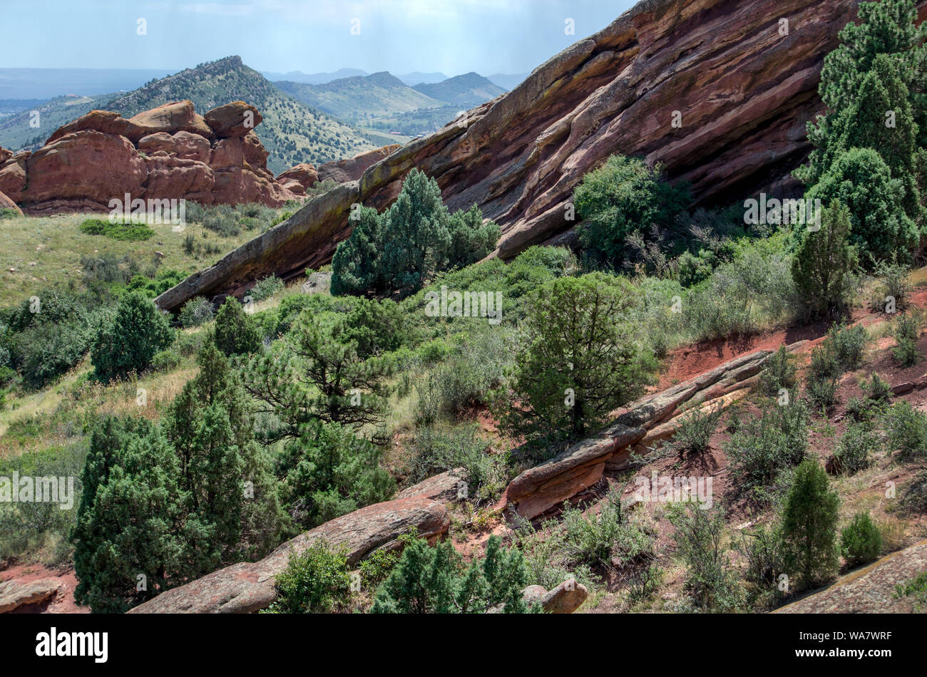 Red rocks park in Morrison Colorado, is a breathtaking landscape of massive sandstone boulders and rocky hills, at the base of the Rocky Mountains in Stock Photo