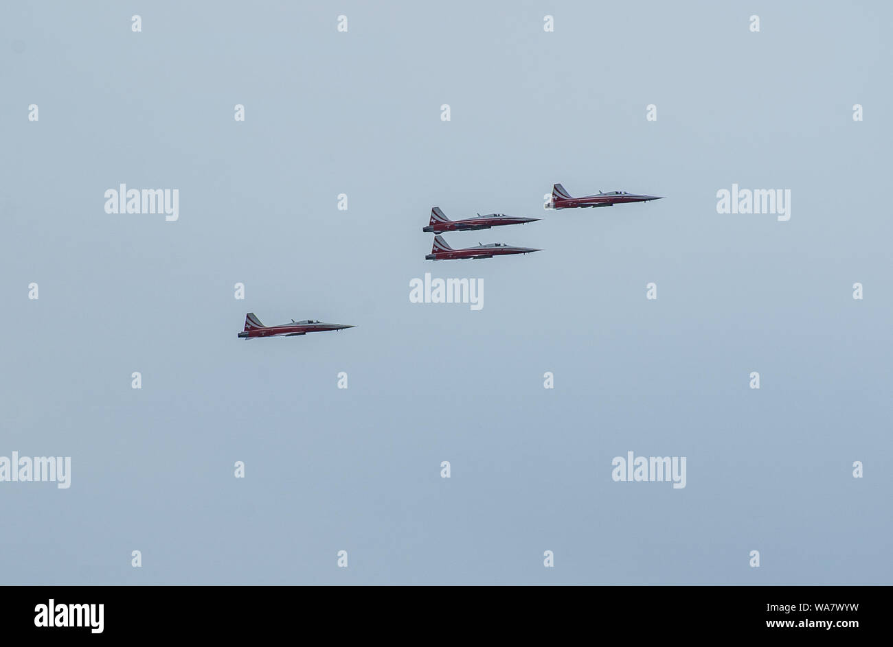 Formation of four planes of Patrouille Suisse at D-Day of Birmenstorf Switzerland 2019 Stock Photo