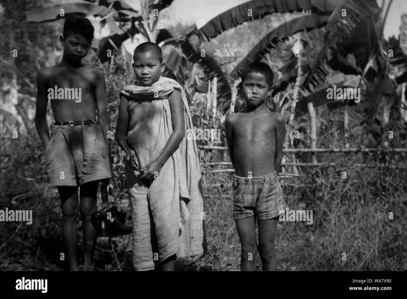 AJAXNETPHOTO. 1953-1957 (APPROX). INDO CHINA. VIETNAM. (IN-COUNTRY LOCATION UNKNOWN.) -  THREE YOUNG BOYS, ONE (CENTRE) WITH SHAVED HEAD WEARING BUDDHIST ROBE, IN A PLANTATION LANDSCAPE. PHOTO:JEAN CORRE/AJAXREF:RX7 191508 240 Stock Photo