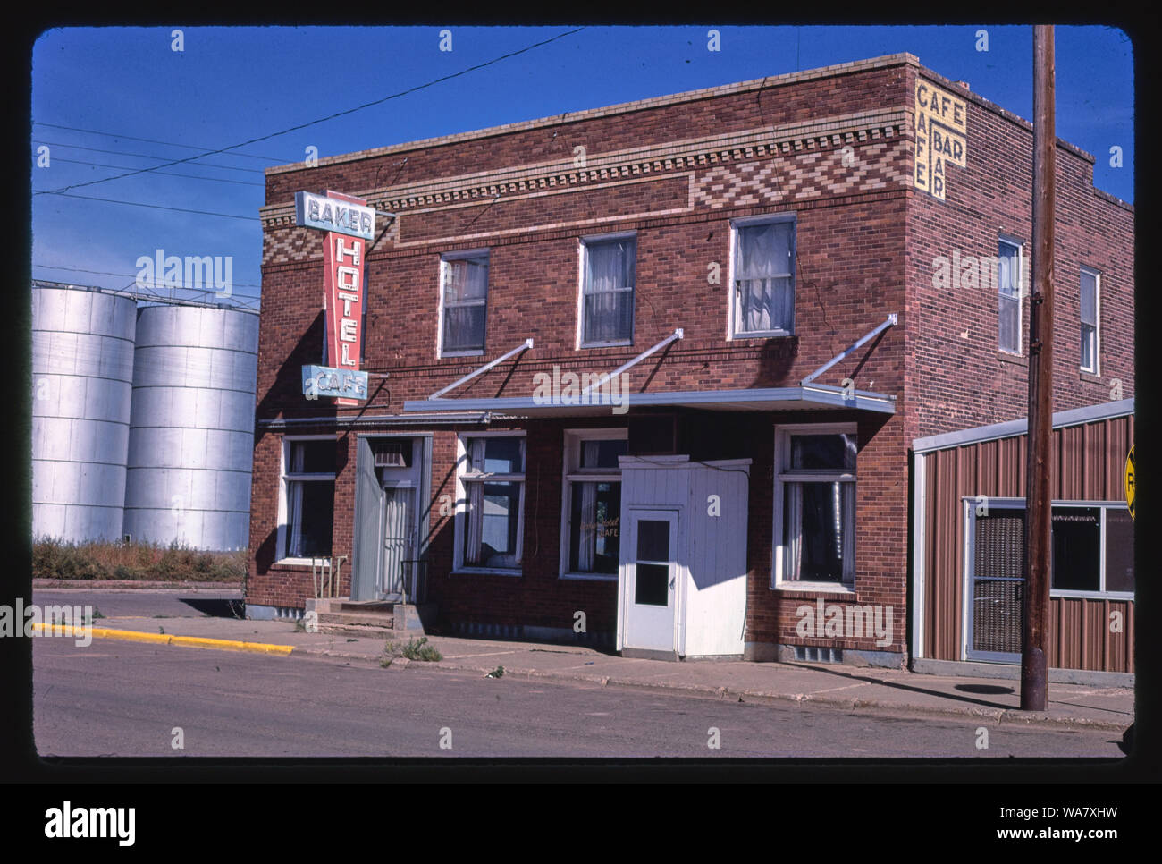 Baker Hotel (by the tracks), angle 2, Route 7, Baker, Montana Stock