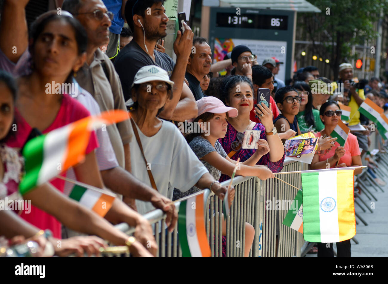 New York, New York, USA. 18th Aug, 2019. Vibrant and diverse crowds take part in the 39th India Day Parade to celebrate India's Independence Day along Madison Avenue On August 18, 2019 in New York City. (Photo by Ryan Rahman/Pacific Press) Credit: Pacific Press Agency/Alamy Live News Stock Photo