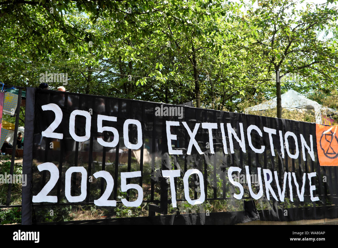 Extinction Rebellion banner at Waterloo Millennium Green "2050