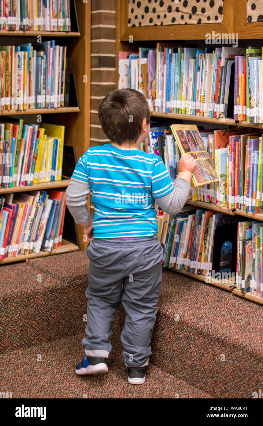 January 2, 2019 Indiana USA; A young preschool boy chooses new books to read and check out at the local library Stock Photo