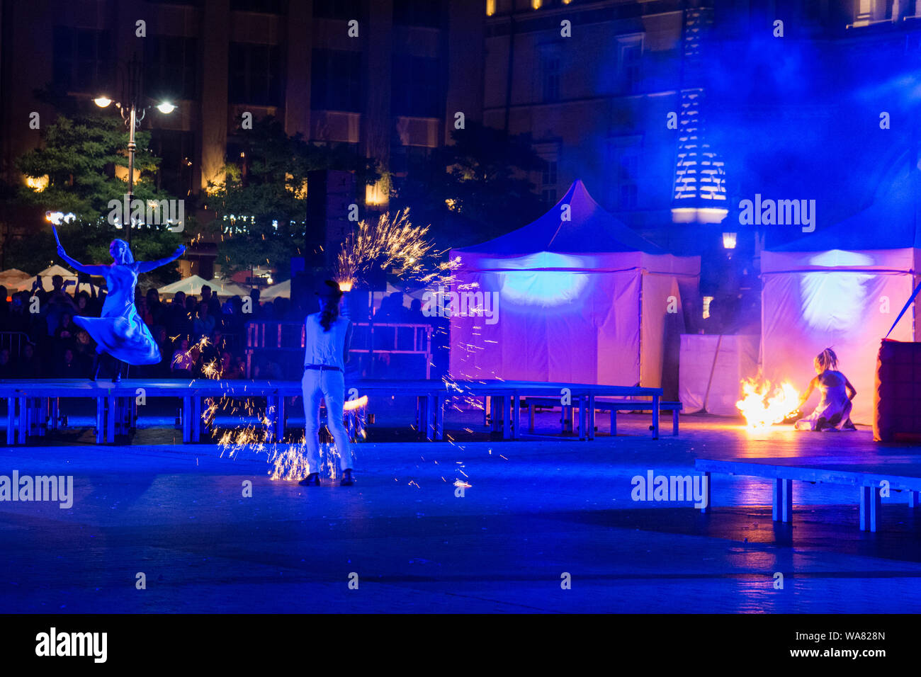 7th July 2019. Teatr Akt (Akt Theathre) fire performance at the Parade of Entertainers (Juggler Parade) during 32nd ULICA Street Theatre Festival Stock Photo