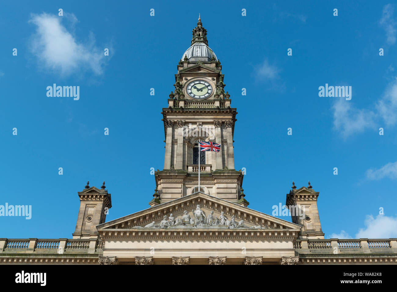 The upper section of Bolton Town Hall located in Victoria Square, Bolton, Lancashire, UK. Stock Photo